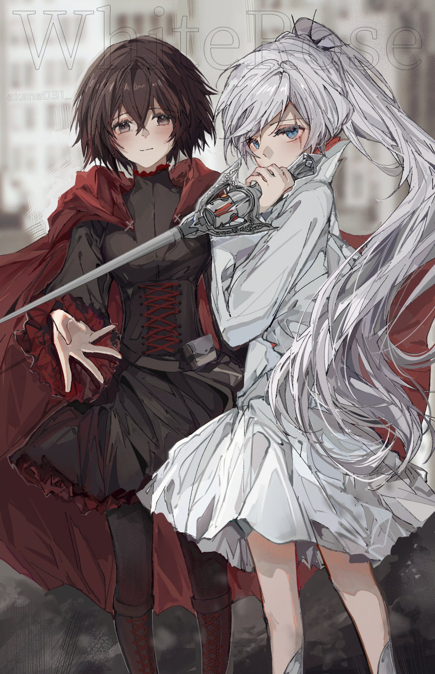 2girls akane031 black_dress black_hair blue_eyes cape dress english_text gradient_hair grey_eyes highres holding holding_sword holding_weapon long_hair multicolored_hair multiple_girls myrtenaster ponytail red_cape red_hair red_scarf ruby_rose rwby scar scarf short_hair sword weapon weiss_schnee white_dress white_hair
