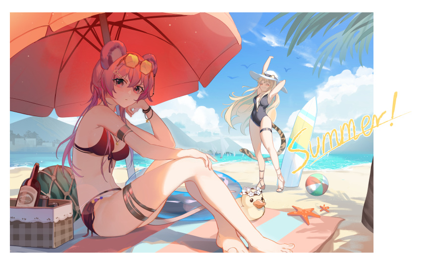 2girls absurdres animal_ears arknights arms_up ball barefoot basket beach beachball bikini black_bikini black_one-piece_swimsuit blush bottle breasts can center_opening closed_eyes closed_mouth cloud ears_through_headwear eyewear_on_head food fruit hat hexagonal_eyewear highres innertube jewelry lin_(arknights) long_hair looking_at_viewer medium_breasts mountainous_horizon mouse_ears mouse_tail multiple_girls necklace one-piece_swimsuit palm_tree pink_eyes pink_hair procreate_(medium) rubber_duck sand shenshiban sky smile stretching sun_hat surfboard swimsuit swire_(arknights) tail thigh_strap tiger_ears tiger_tail tinted_eyewear toenails towel tree v-shaped_eyebrows water watermelon white_headwear wine_bottle