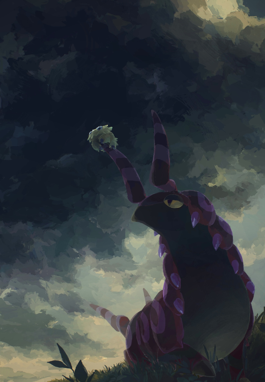 cloud cloudy_sky commentary_request from_below grass highres horns joltik looking_up no_humans outdoors penurodae pokemon pokemon_(creature) scolipede sky yellow_eyes