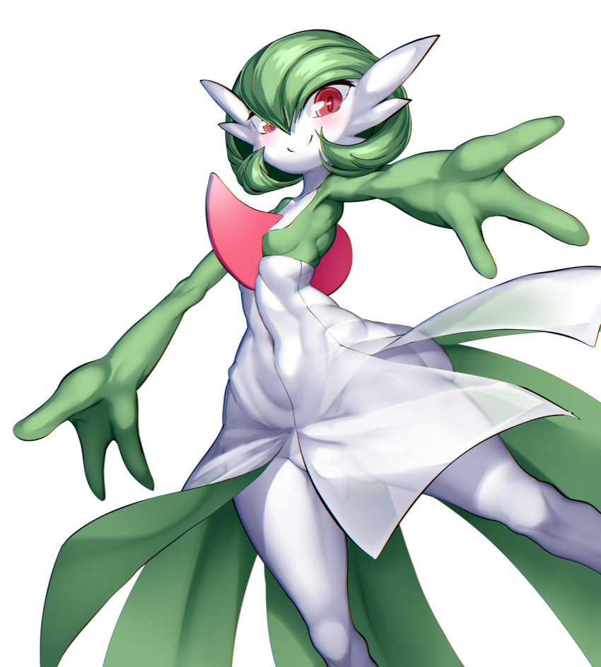 1girl ass_visible_through_thighs blush bob_cut breasts closed_mouth collarbone colored_skin commentary_request gardevoir green_hair green_skin hair_between_eyes happy highres incoming_hug kawahagi-tei legs_apart looking_at_viewer multicolored_skin navel outstretched_arms partial_commentary pokemon pokemon_(creature) pussy red_eyes see-through short_hair simple_background small_breasts smile solo split_mouth spread_arms spread_fingers standing stomach thighs two-tone_skin white_background white_skin wide_hips