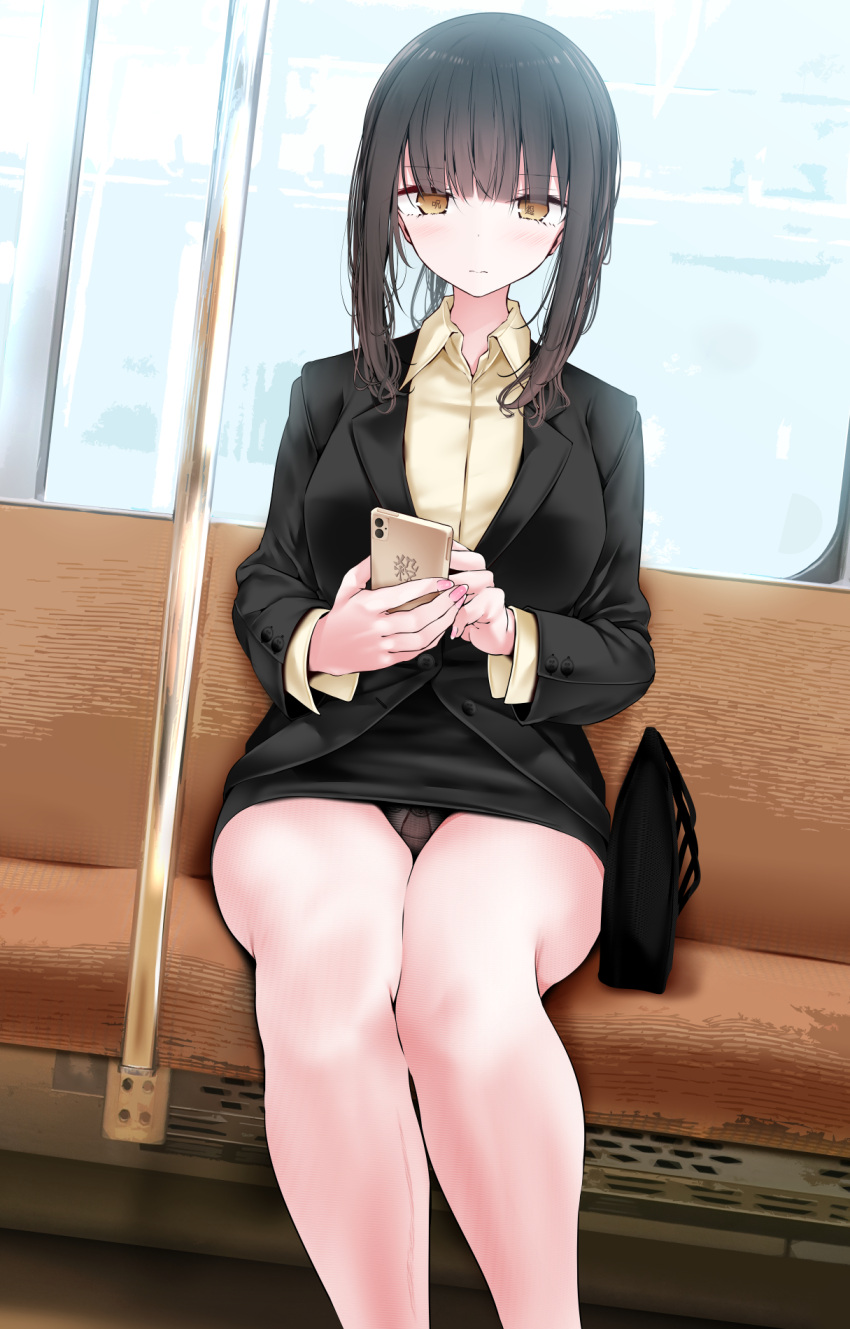 1girl accidental_exposure bag bench black_hair black_panties black_skirt black_suit blazer blunt_bangs blush breasts brown_eyes brown_hair business_suit cellphone closed_mouth collared_shirt commentary_request dress_shirt feet_out_of_frame formal gusset handbag highres holding holding_phone jacket kouhai-chan_(oouso) lapels large_breasts legs lingerie long_hair long_sleeves looking_at_viewer medium_hair miniskirt nail_polish notched_lapels office_lady oouso original panties panties_under_pantyhose pantyhose pantyshot pencil_skirt phone pink_nails ponytail shirt sidelocks sitting skirt smartphone solo suit text_in_eyes thighband_pantyhose thighs torn_clothes torn_pantyhose train_interior translated underwear yellow_shirt