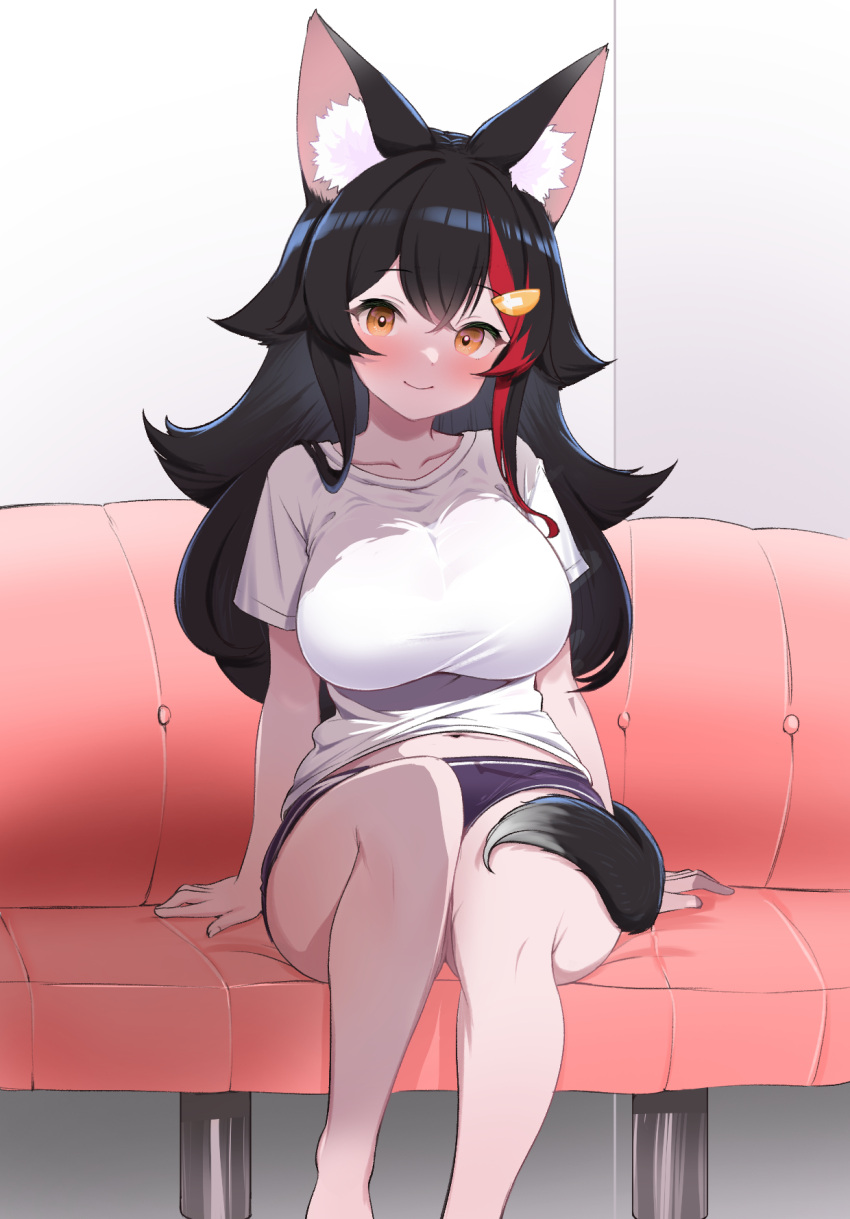 1girl alternate_costume animal_ear_fluff animal_ears arm_support barefoot black_hair black_shorts breasts brown_eyes closed_mouth commentary_request couch double-parted_bangs feet_out_of_frame flipped_hair hair_ornament hairclip highres hololive indoors kani_bonara large_breasts long_hair looking_at_viewer loungewear multicolored_hair on_couch ookami_mio red_hair shirt short_shorts short_sleeves shorts sitting smile solo spiked_hair streaked_hair t-shirt tail taut_clothes taut_shirt virtual_youtuber white_shirt wolf_ears wolf_girl wolf_tail