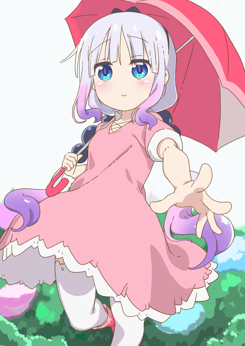 1girl :&gt; absurdres black_bow blue_eyes blunt_bangs blush bow breasts closed_mouth cross-laced_clothes cross-laced_dress day dress foliage foot_out_of_frame foreshortening gradient_hair grey_hair hair_bobbles hair_bow hair_ornament highres holding holding_umbrella kanna_kamui kobayashi-san_chi_no_maidragon kusodani lace-trimmed_dress lace-trimmed_thighhighs lace_trim long_hair looking_at_viewer medium_dress multicolored_hair no_nose outdoors outstretched_arm pink_dress pink_footwear purple_hair short_sleeves sidelocks slit_pupils small_breasts smile solo standing standing_on_one_leg thighhighs two-tone_dress two-tone_hair umbrella very_long_hair white_dress white_thighhighs
