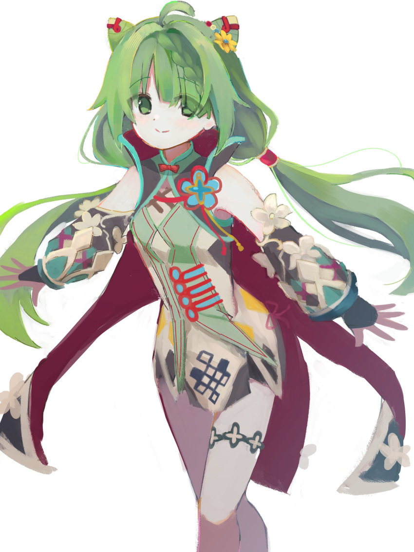 absurdres ahoge arms_at_sides blunt_bangs blush braid braided_bangs bridal_gauntlets closed_mouth collared_coat cone_hair_bun detached_sleeves dot_nose double_bun dress eyes_visible_through_hair feet_out_of_frame flower green_hair hair_bun heruka_(madoka_magica) highres looking_at_viewer magia_record:_mahou_shoujo_madoka_magica_gaiden magical_girl mahou_shoujo_madoka_magica multicolored_clothes multicolored_dress ruru_(rurumagi) short_dress sleeveless sleeveless_coat sleeveless_dress smile split_mouth thighlet twintails yellow_flower
