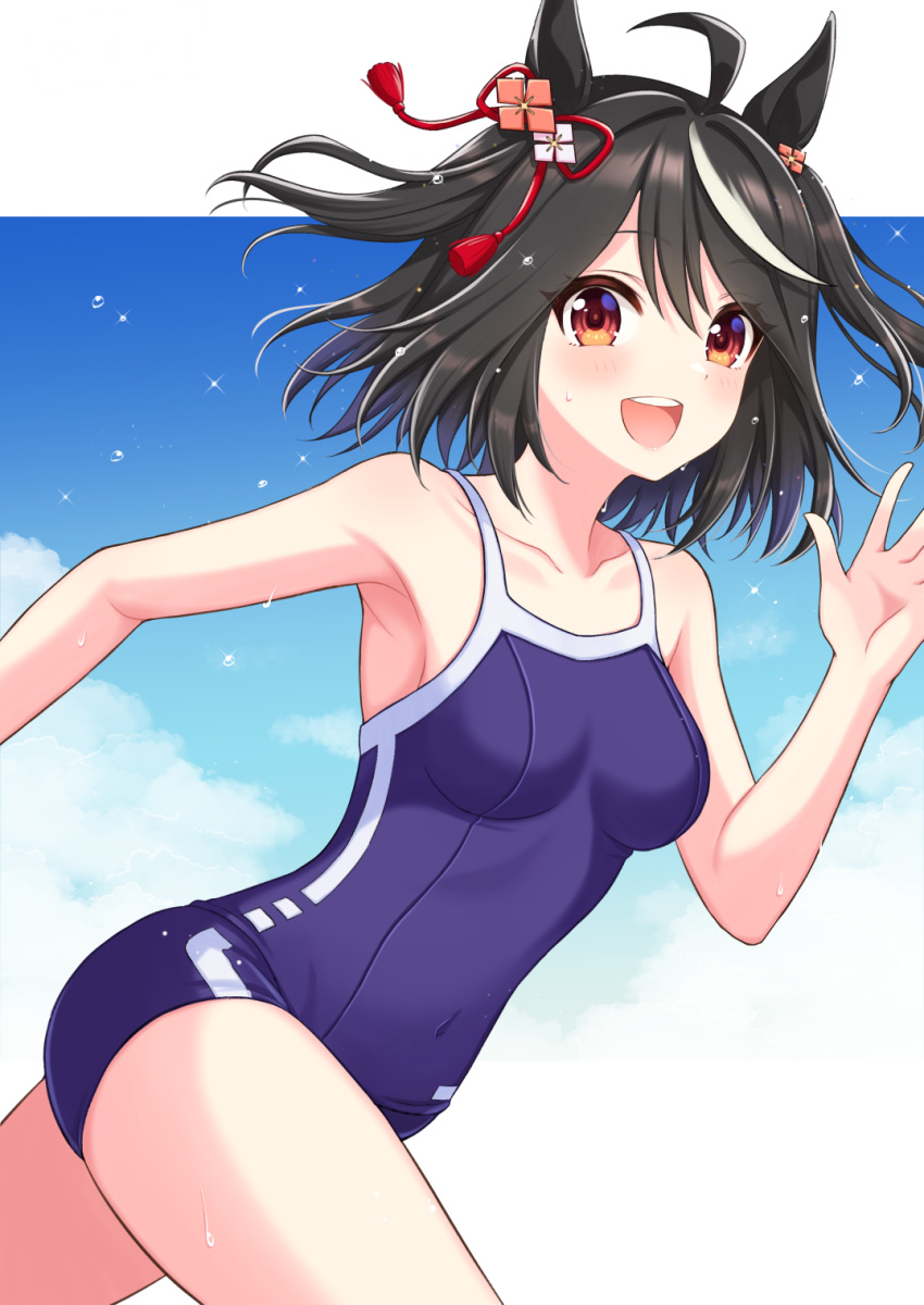 1girl :d ahoge animal_ears black_hair blue_one-piece_swimsuit bob_cut commission flower_ornament from_side hair_ribbon highres hiiragi_kei horse_ears horse_girl kitasan_black_(umamusume) looking_at_viewer multicolored_hair no_tail one-piece_swimsuit red_eyes red_ribbon ribbon running school_swimsuit short_hair single_vertical_stripe skeb_commission smile solo streaked_hair swimsuit tracen_swimsuit two-tone_hair umamusume white_hair