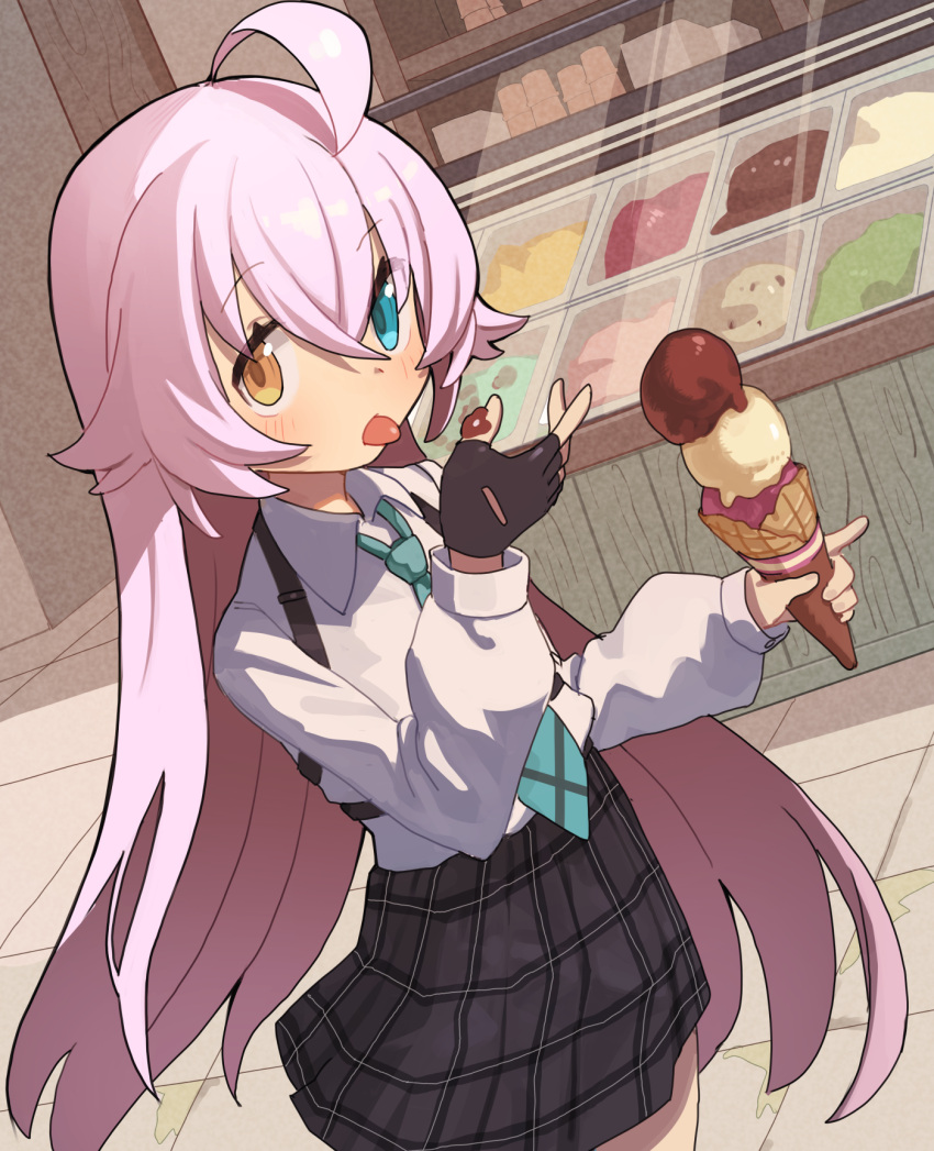 1girl ahoge blue_archive blue_eyes commentary fingerless_gloves food gloves greentanuki hair_between_eyes heterochromia highres hoshino_(blue_archive) ice_cream long_hair necktie pink_hair plaid plaid_skirt pleated_skirt school_uniform skirt tongue tongue_out yellow_eyes