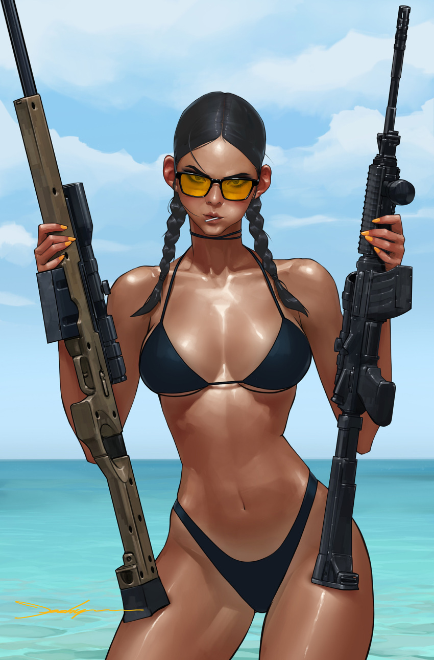 1girl ai_arctic_warfare assault_rifle bikini black-framed_eyewear black_bikini black_choker black_hair bolt_action braid breasts candy cheek_bulge choker collarbone commentary contrapposto cover cover_page cowboy_shot dark-skinned_female dark_skin day dual_wielding english_commentary fingernails food forehead gun gun_honey highres holding holding_gun holding_weapon jee-hyung_lee joanna_tan large_breasts lollipop long_fingernails looking_at_viewer low_twin_braids m4_carbine medium_hair navel ocean orange-tinted_eyewear orange_nails parted_hair pinup_(style) ribbon_choker rifle scope sniper_rifle solo standing sunglasses swimsuit tan textless_version thick_thighs thighs tinted_eyewear toned twin_braids weapon weapon_request