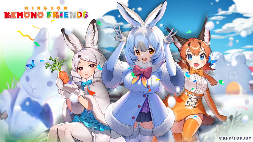 3girls animal_ears arctic_hare_(kemono_friends) blue_eyes bow bowtie cape caracal_(kemono_friends) cat_ears cat_girl coat elbow_gloves extra_ears gloves highres kemono_friends kemono_friends_kingdom kneehighs long_hair mountain_hare_(kemono_friends) multiple_girls official_art orange_hair rabbit_ears rabbit_girl red_eyes shirt short_hair shorts skirt sleeveless sleeveless_shirt socks tail white_hair