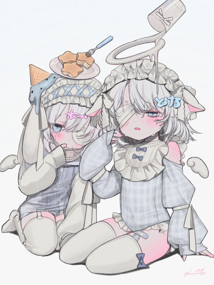 2girls animal_ears bandaid_on_thigh bib blue_eyes blush commentary cup detached_wings drinking_glass english_commentary food frilled_hairband frills garter_straps hair_ornament hairband halo highres ice_cream_cone ice_cream_cone_on_head lolita_hairband long_sleeves looking_at_viewer melting_halo mercure_1104 milk mini_wings multiple_girls open_mouth original pastry plate short_hair simple_background sitting sweat thighhighs vaccine_scar white_hair white_thighhighs wings