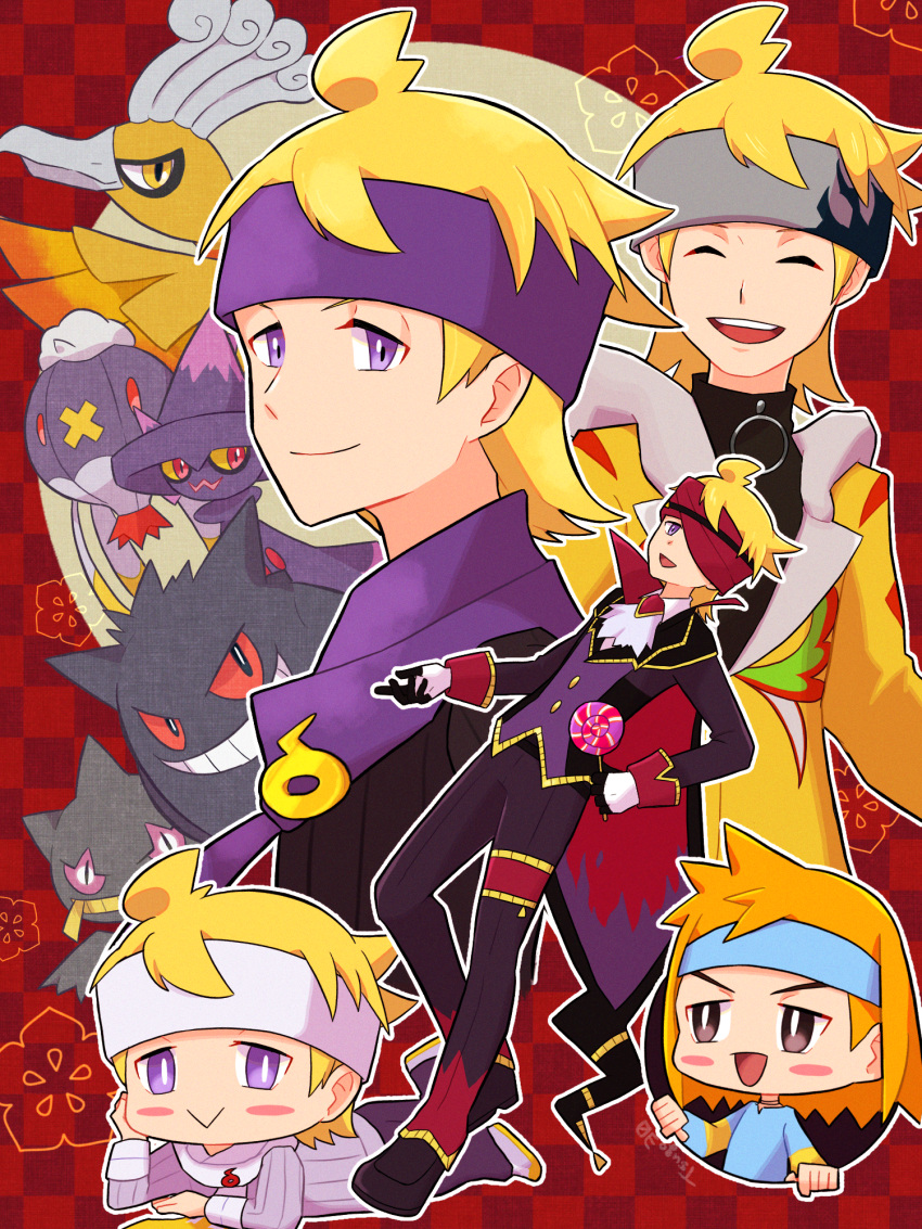 5boys :&gt; alternate_color banette blonde_hair blush_stickers candy checkered_background chibi closed_eyes commentary_request drifblim food gengar highres ho-oh holding holding_candy holding_food holding_lollipop lollipop male_focus mismagius morty_(fall_2021)_(pokemon) morty_(pokemon) morty_(sygna_suit)_(pokemon) multiple_boys multiple_persona official_alternate_costume one_eye_covered pokemon pokemon_(creature) pokemon_(game) pokemon_gsc pokemon_hgss pokemon_masters_ex purple_eyes scarf shiny_pokemon smile tsugomori_(sprn303)