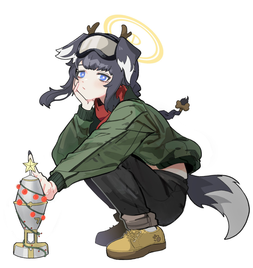 1girl animal_ears black_hair black_pants blue_archive blue_eyes bone_hair_ornament braid closed_mouth dog_ears dog_girl dog_tail fake_animal_ears fake_antlers full_body goggles goggles_on_head green_jacket hair_ornament halo hand_on_own_chin heo_bol hibiki_(blue_archive) highres jacket long_hair long_sleeves looking_at_viewer pants paw_print red_scarf rocket scarf shoes simple_background solo squatting tail white_background yellow_footwear