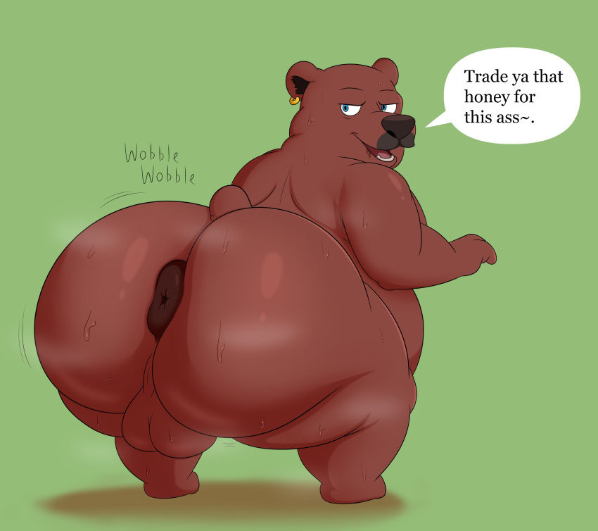 2023 absurd_res anthro anus balls bear bent_over big_balls big_butt blue_eyes bodily_fluids brown_body brown_ears brown_fur brown_nose butt colossalstars digital_media_(artwork) ear_piercing ear_ring english_text fur genitals gold_earring green_background half-closed_eyes hi_res huge_butt looking_at_another looking_back male mammal motion_lines musk musk_clouds narrowed_eyes obese obese_anthro obese_male on_ground onomatopoeia overweight overweight_anthro overweight_male piercing presenting presenting_hindquarters ring_piercing short_tail simple_background solo sound_effects speech_bubble sweat tail teeth text thick_thighs tongue