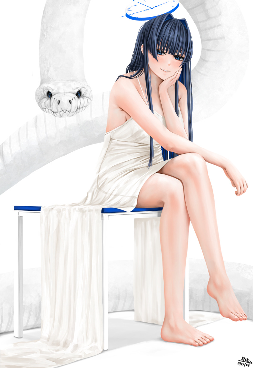 1girl absurdres animal barefoot black_hair blue_eyes blue_halo breasts crossed_legs dress feet hair_intakes halo hand_on_own_chin hand_up head_rest highres hololive hololive_english large_breasts legs long_hair looking_at_viewer ouro_kronii sitting snake solo steb toenails toes virtual_youtuber white_dress white_snake