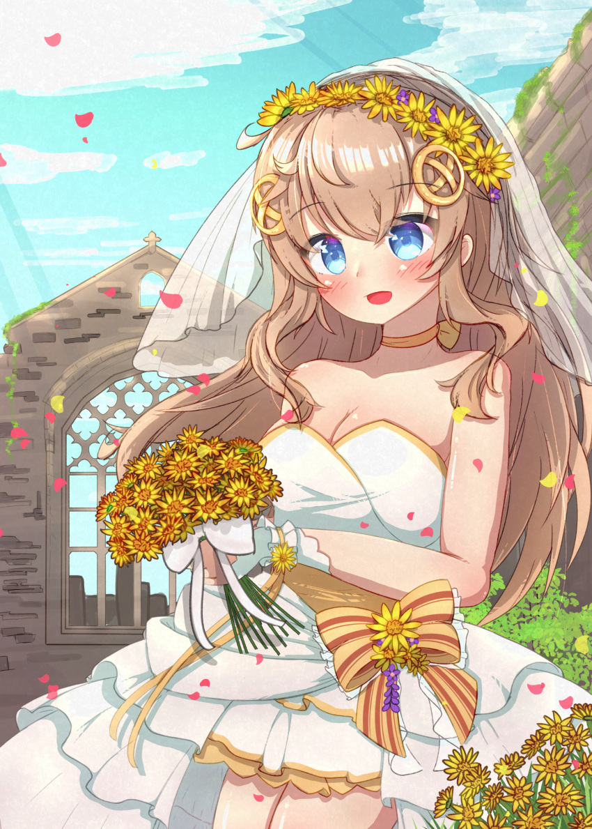 1girl :d absurdres bare_shoulders blue_eyes blush bouquet bow breasts bridal_veil brown_hair choker cleavage collarbone dress flower fnc_(girls'_frontline) fnc_(strawberry_cake_&amp;_garden_cosmos)_(girls'_frontline) frilled_dress frills girls'_frontline hair_ornament head_wreath highres holding holding_bouquet holding_flower large_breasts long_hair outdoors petals rose_petals sleeveless sleeveless_dress smile solo striped striped_bow veil wedding_dress white_bow white_dress wrist_guards yakikarintou3 yellow_choker yellow_flower