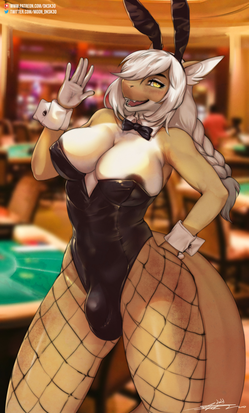 absurd_res anthro areola areola_slip auzi big_breasts breasts bulge casino cuff_links dksk30 fake_ears fake_rabbit_ears fish fishnet gesture gills gynomorph hair hi_res intersex looking_at_viewer marine shark smile solo text url waving white_hair