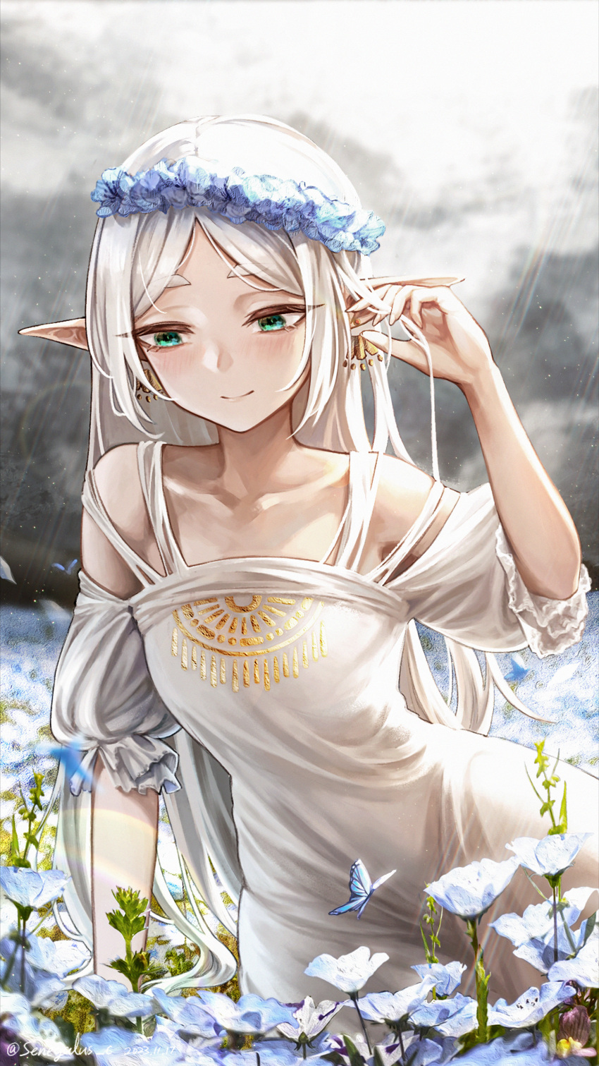 1girl absurdres arm_support blush closed_mouth commentary dangle_earrings dress earrings elf flower flower_bed frieren frilled_sleeves frills green_eyes hand_in_own_hair hand_up head_wreath highres jewelry long_hair looking_down nemophila_(flower) outdoors parted_bangs pointy_ears puffy_short_sleeves puffy_sleeves senegalus_c short_sleeves smile solo sousou_no_frieren thick_thighs thighs very_long_hair white_dress