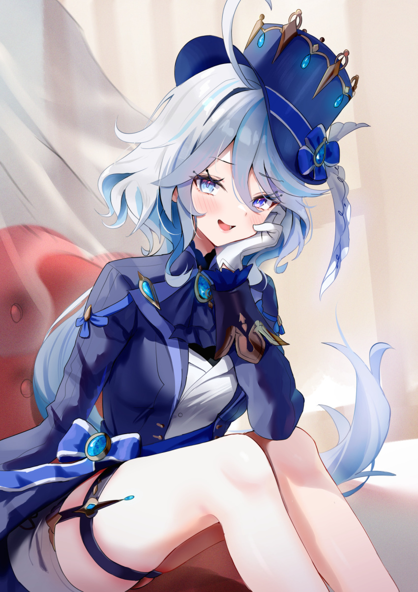 1girl ahoge ascot black_ascot blue_ascot blue_eyes blue_gemstone blue_hair blue_headwear blue_jacket blush cowlick desire_(tbot7) drop-shaped_pupils furina_(genshin_impact) gem genshin_impact gloves hair_between_eyes hat heterochromia highres jacket light_blue_hair long_hair long_sleeves looking_at_viewer mismatched_pupils open_mouth shorts smile solo top_hat white_gloves white_hair white_shorts