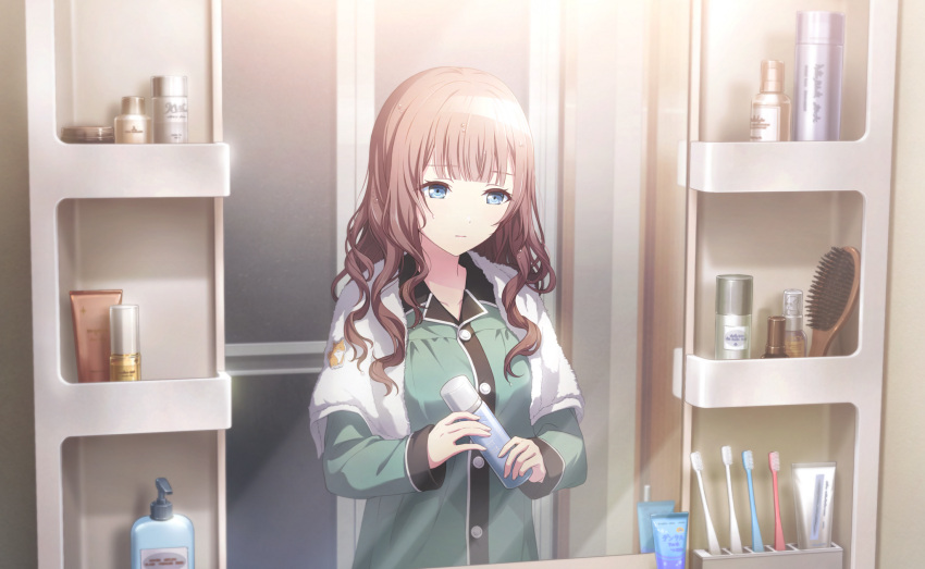 1girl bathroom blue_eyes blunt_bangs breasts brown_hair buttons closed_mouth collarbone colorful_palette cosmetics dot_nose expressionless eyelashes facing_viewer fingernails green_pajamas hair_brush hair_down half-closed_eyes highres holding indoors long_hair looking_down medium_breasts mirror mochizuki_honami official_art pajamas project_sekai reflection shelf sliding_doors soap_dispenser solo standing third-party_source toothbrush toothpaste towel towel_around_neck upper_body water_drop wavy_hair wet wet_hair