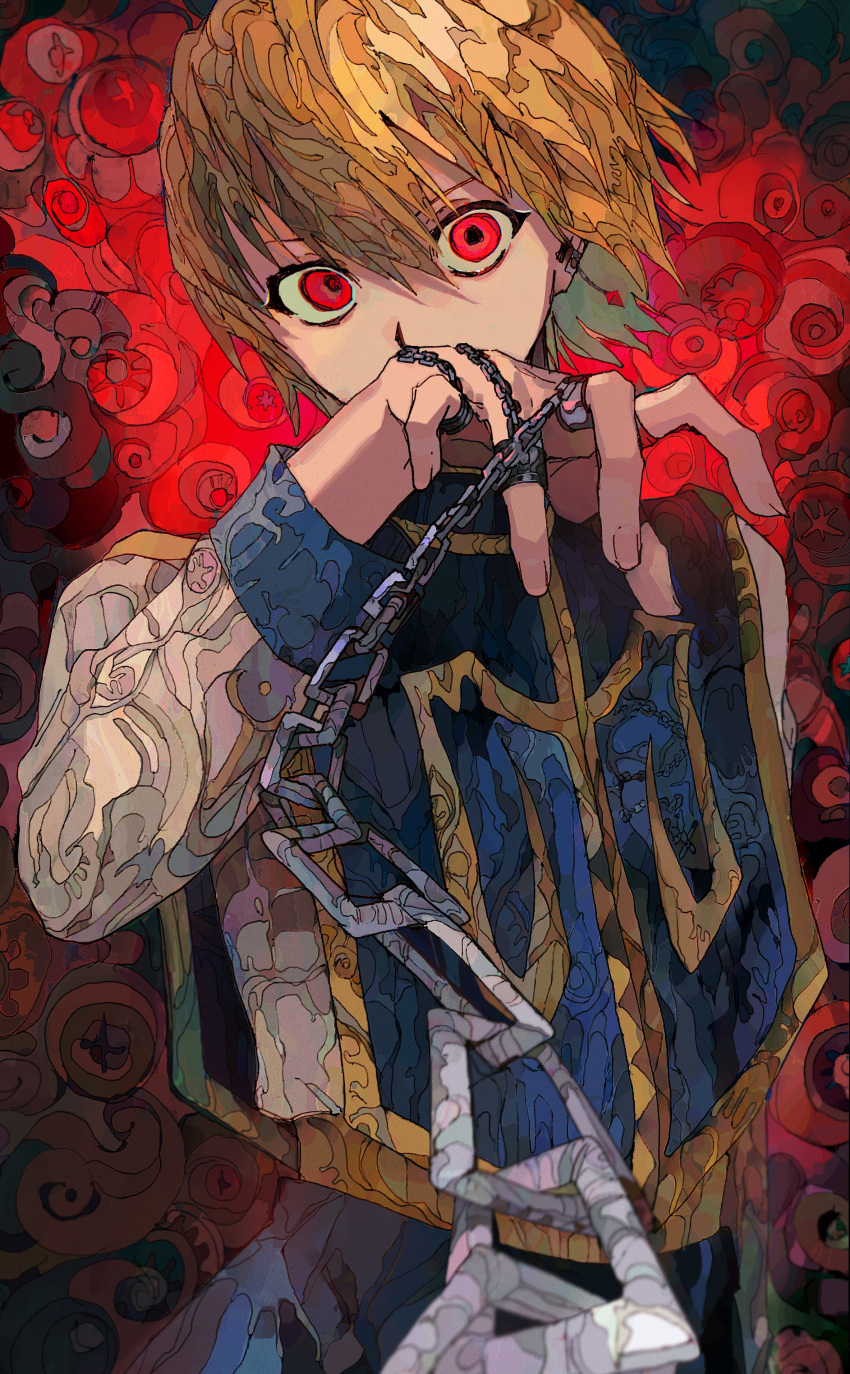 1boy absurdres blonde_hair chain crystal_earrings earrings highres hunter_x_hunter jewelry kurapika long_sleeves looking_at_viewer male_focus multiple_rings patterned_clothing patterned_hair red_eyes ring short_hair solo tabard yadu_nadu