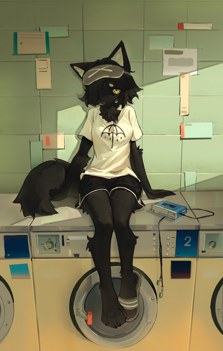 1girl :3 absurdres animal_ear_fluff animal_ears arm_support black_fur black_hair black_shorts body_fur cassette_player commentary crack_of_light day dolphin_shorts earbuds earphones fewer_digits full_body furry furry_female goggles goggles_on_head grey_footwear hair_over_one_eye highres hikimayu indoors laundromat looking_at_viewer one_eye_covered original sandals shiiorina shirt shoes short_hair short_sleeves shorts single_barefoot single_shoe sitting smile solo sticky_note symbol-only_commentary t-shirt tail tareme tile_wall tiles washing_machine white_shirt wolf_ears wolf_girl wolf_tail yellow_eyes