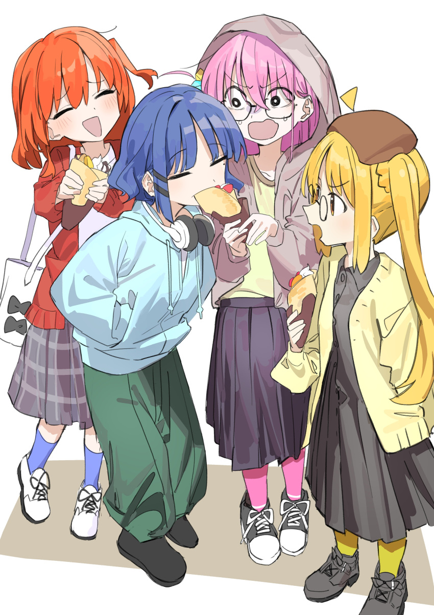 4girls absurdres ahoge black_dress black_footwear blonde_hair blue_hair blue_hoodie blue_socks bocchi_the_rock! brown_jacket closed_eyes crepe dress food glasses gotoh_hitori green_pants hands_in_pocket haruyuki_(gffewuoutgblubh) highres holding holding_food hood hooded_jacket hoodie ijichi_nijika jacket kita_ikuyo long_hair long_sleeves mole mole_under_eye multiple_girls one_side_up open_mouth pants pink_hair pink_socks red_eyes red_hair red_jacket round_eyewear shirt shoes short_hair side_ponytail sneakers socks white_footwear white_shirt yamada_ryo yellow_jacket yellow_shirt yellow_socks