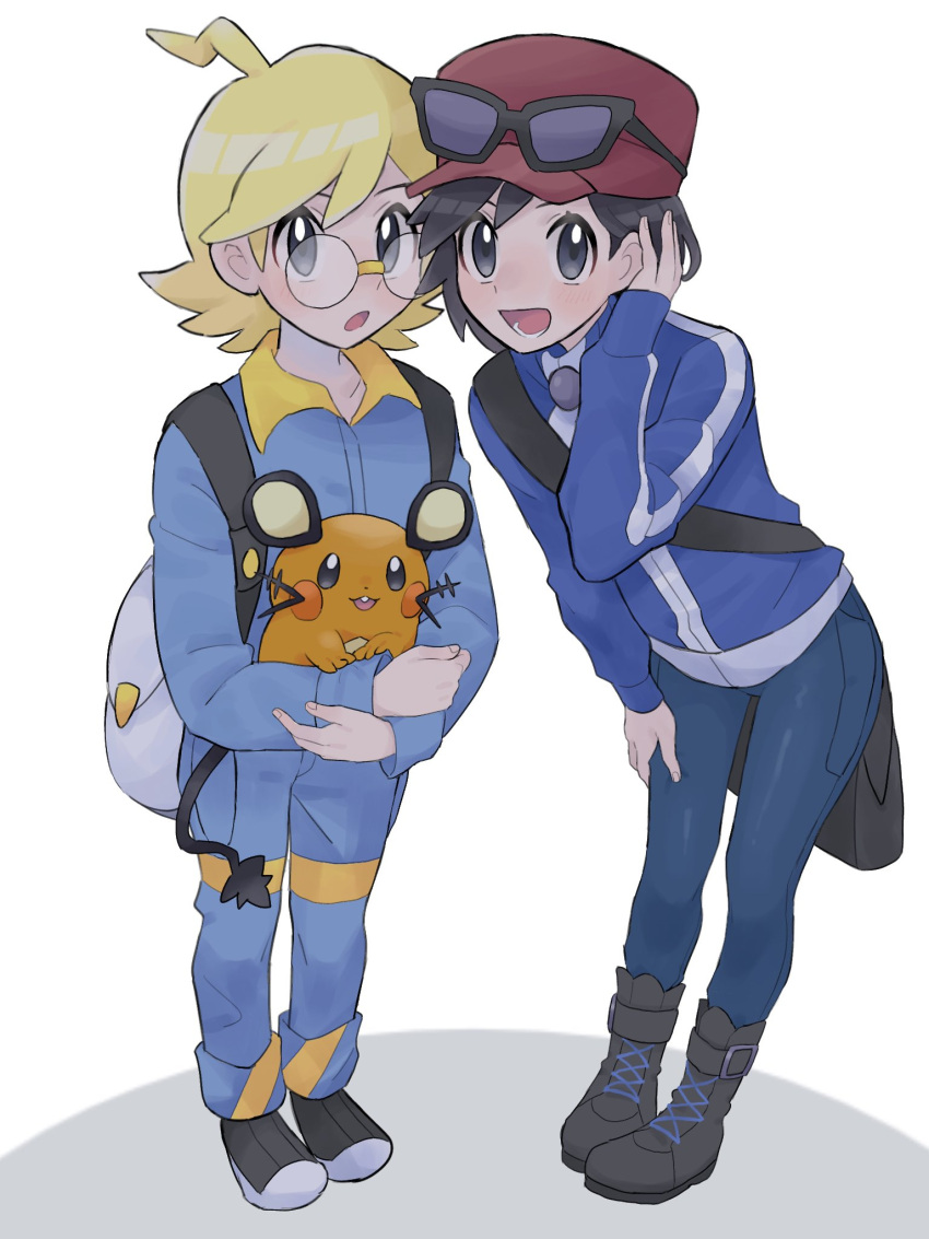 2boys :d :o ahoge backpack bag black_footwear blonde_hair blue_jacket blue_jumpsuit boots calem_(pokemon) clemont_(pokemon) commentary_request dedenne glasses grey_eyes hand_up hat highres holding holding_pokemon jacket jumpsuit leaning_forward long_sleeves male_focus multiple_boys open_mouth pants pokemon pokemon_(creature) pokemon_(game) pokemon_xy red_headwear round_eyewear sana_(37pisana) shoes smile