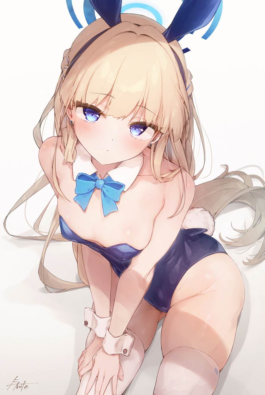 1girl animal_ears blonde_hair blue_archive blue_eyes blue_leotard bow bowtie breasts detached_collar e-note fake_animal_ears halo highres leotard long_hair looking_at_viewer medium_breasts official_alternate_costume playboy_bunny rabbit_ears signature solo strapless strapless_leotard thighhighs thighs toki_(blue_archive) toki_(bunny)_(blue_archive) very_long_hair white_background wrist_cuffs