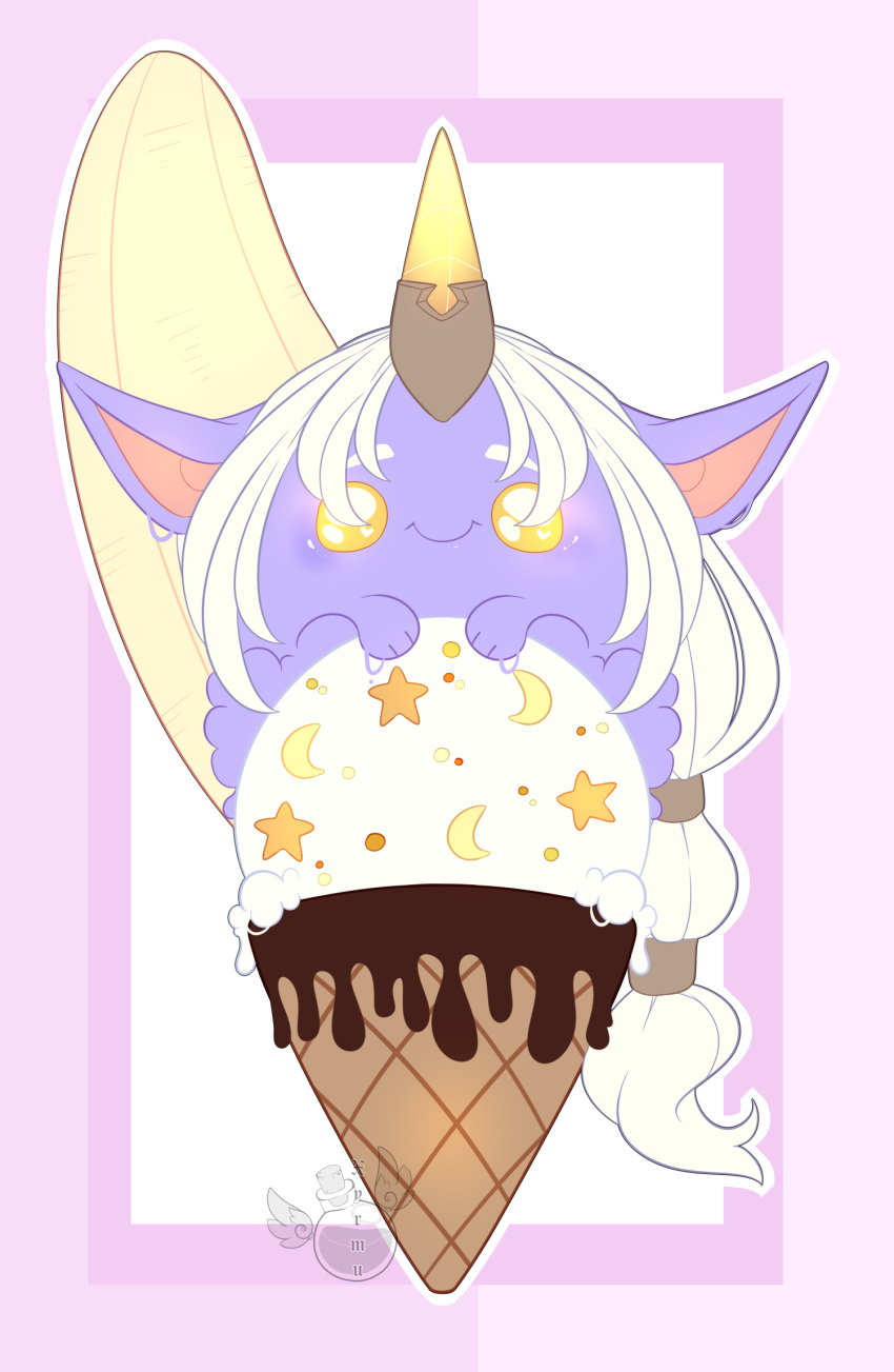 2023 banana dessert female food fruit hair hi_res horn humanoid_pointy_ears ice_cream league_of_legends long_hair moon plant purple_body purple_skin riot_games simple_background solo soraka star waffle_cone white_hair xyrmu yellow_eyes