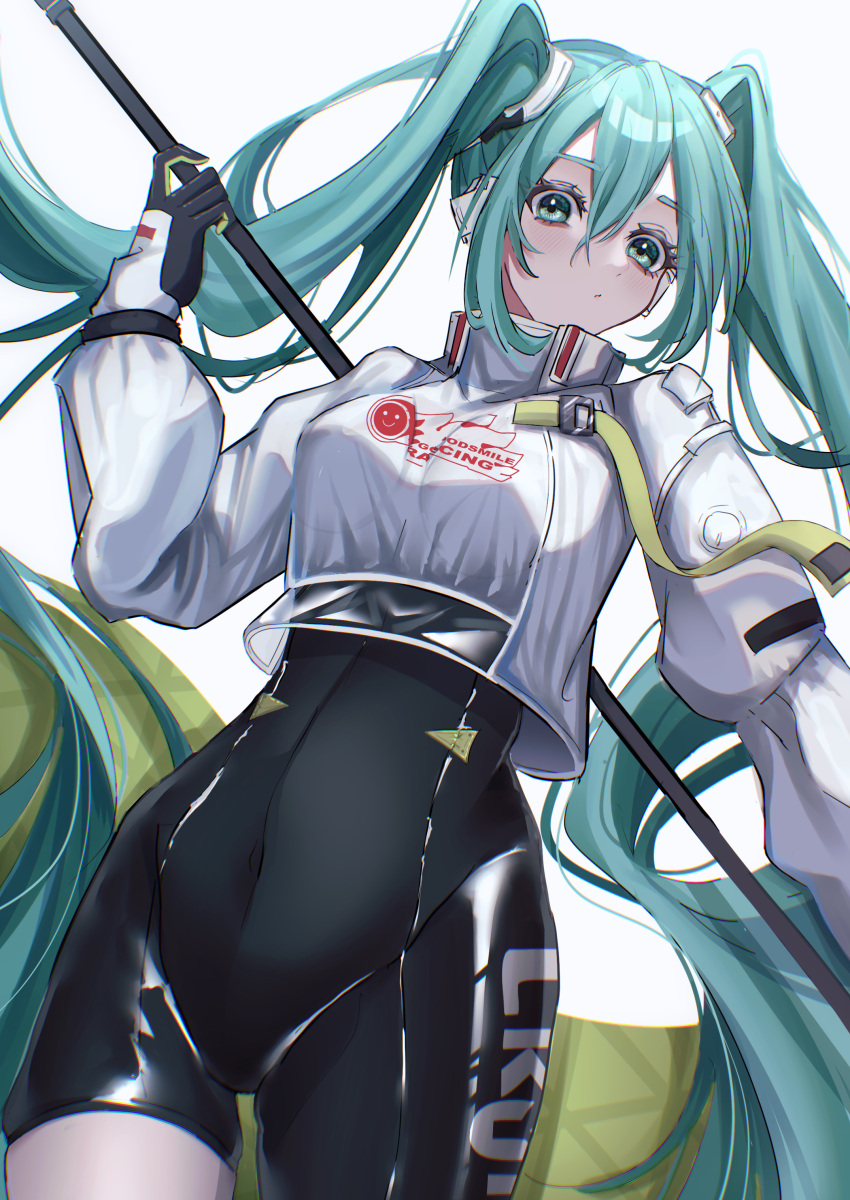 1girl absurdres aqua_eyes aqua_hair asymmetrical_bodysuit black_bodysuit black_gloves bodysuit boots breasts closed_mouth commentary cowboy_shot cropped_jacket flag flagpole flame_print funa_(funafuna_001) gloves green_flag green_gloves hand_up hatsune_miku highres holding holding_flag holding_pole jacket long_sleeves looking_at_viewer looking_down medium_breasts pole race_queen racing_miku racing_miku_(2022) sidelocks simple_background single_leg_bodysuit single_thigh_boot single_thighhigh smiley_face solo text_print thigh_boots thighhighs twintails two-tone_gloves vocaloid white_background white_jacket