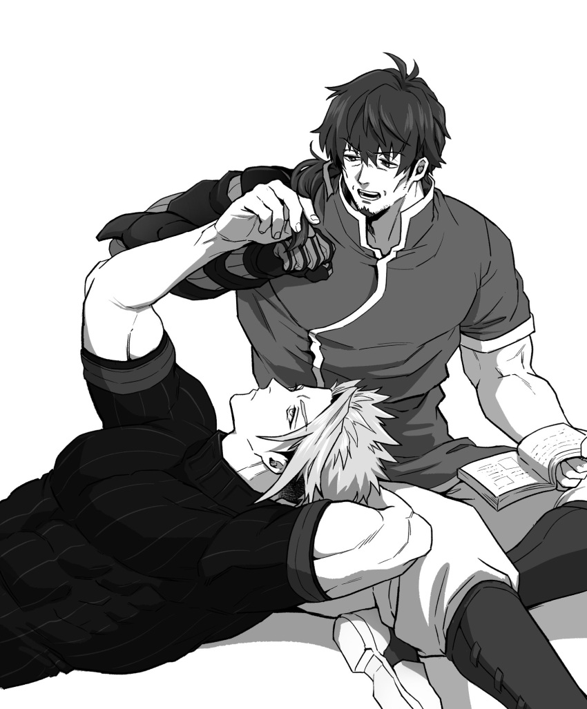 2boys achilles_(fate) bara book boots cheekbones closed_mouth facial_hair fate/grand_order fate_(series) goatee haruto_(hit23ewluvnpfo6) hector_(fate) highres holding_another's_hair large_pectorals looking_at_another male_focus monochrome multiple_boys muscular muscular_male open_book pants pectorals shirt short_sleeves simple_background sitting teeth white_shirt