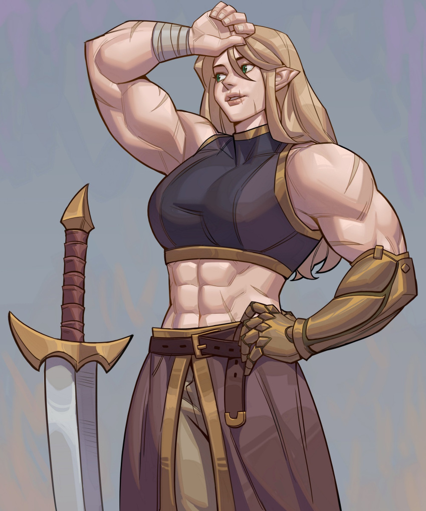 1girl abs absurdres blonde_hair crop_top elf gauntlets green_eyes highres long_hair looking_to_the_side m4rjinn midriff muscular muscular_female original pointy_ears scar scar_on_face solo sword tank_top weapon