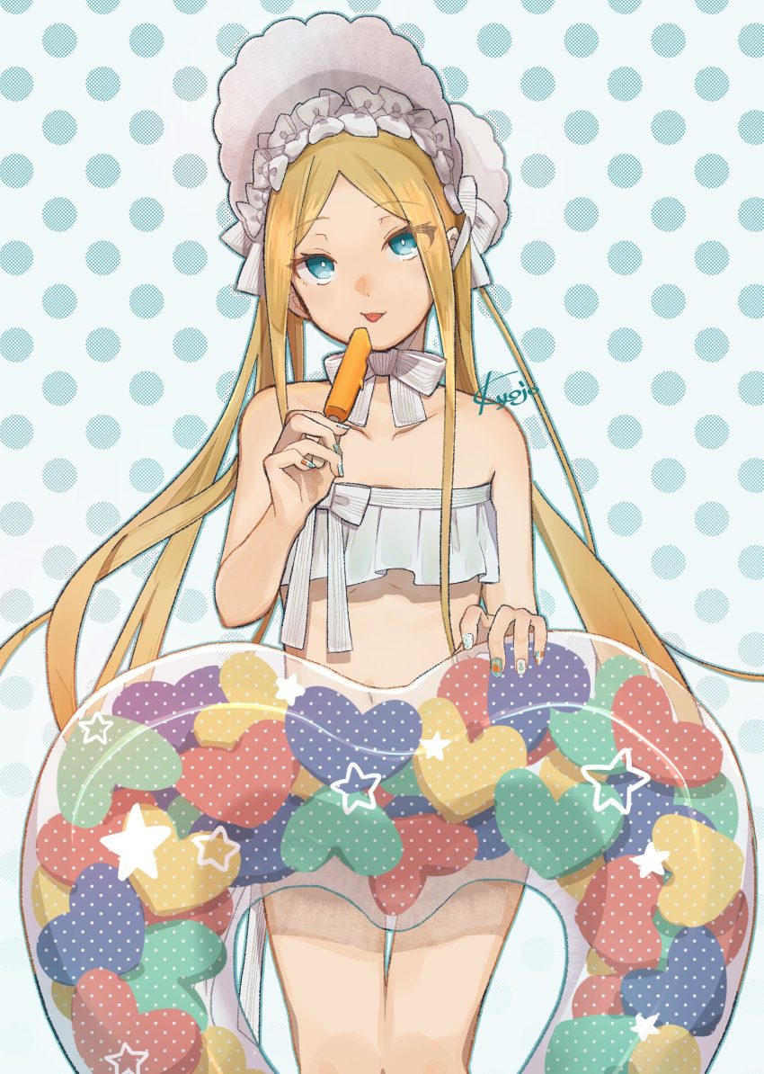 1girl abigail_williams_(fate) abigail_williams_(swimsuit_foreigner)_(fate) abigail_williams_(swimsuit_foreigner)_(third_ascension)_(fate) absurdres bare_shoulders bikini blonde_hair blue_eyes bonnet bow fate/grand_order fate_(series) feet_out_of_frame food heart-shaped_innertube highres holding holding_food holding_popsicle innertube kyojo128 long_hair looking_at_viewer multicolored_nails nail_art nail_polish parted_bangs polka_dot polka_dot_background popsicle smile solo strapless strapless_bikini swimsuit tongue tongue_out very_long_hair white_bikini white_bow white_headwear