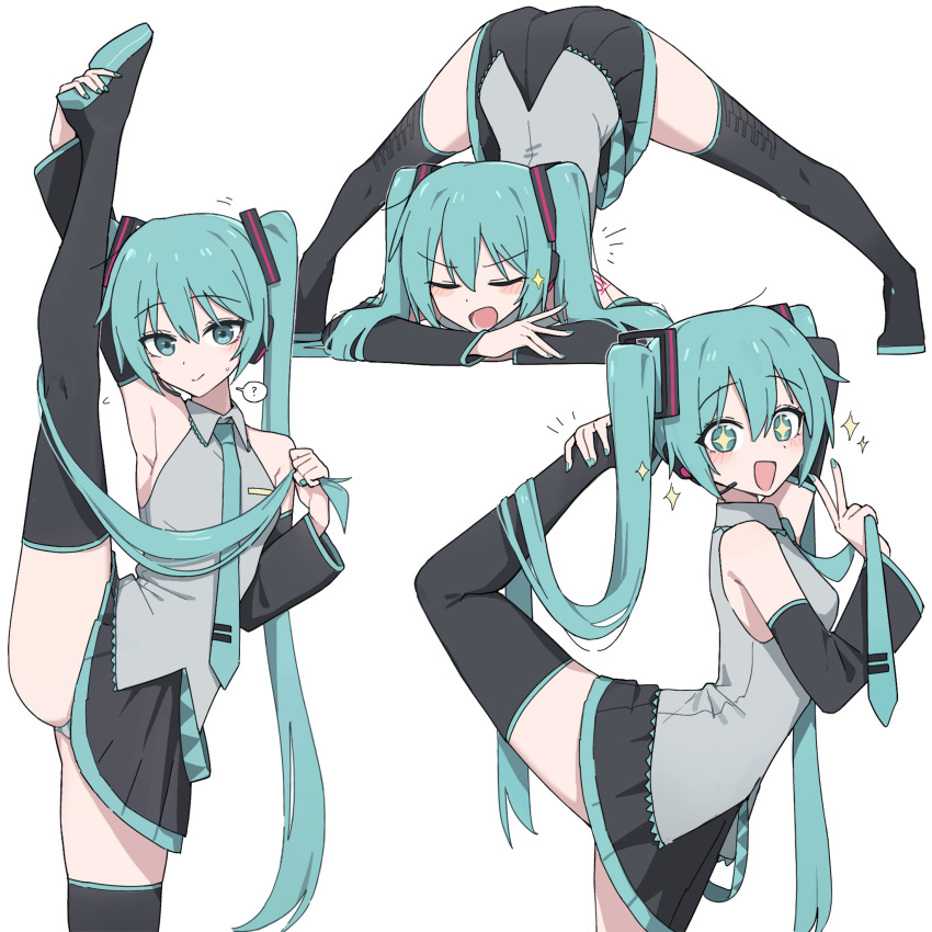 1girl ? aqua_eyes aqua_hair aqua_nails aqua_necktie arched_back arm_up armpits bare_shoulders black_footwear black_skirt blush boots closed_eyes closed_mouth collared_shirt detached_sleeves flexible flying_sweatdrops grey_shirt hair_flowing_over hand_up hands_on_ground happy hatsune_miku headphones headset highres holding holding_hair holding_own_foot jack-o'_challenge long_hair looking_at_viewer looking_to_the_side miniskirt multiple_views necktie open_mouth panties pantyshot plantar_flexion pleated_skirt shirt shoe_soles simple_background skirt smile sparkling_eyes split spoken_question_mark spread_legs standing standing_on_one_leg standing_split stretching tanosii_chan thigh_boots thighhighs top-down_bottom-up twintails underwear untucked_shirt v very_long_hair vocaloid white_background wide_spread_legs