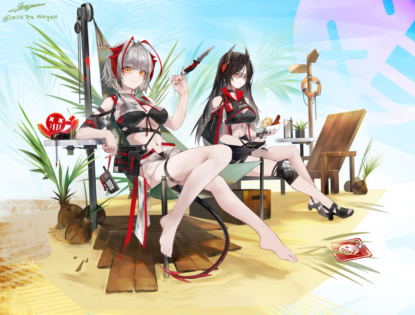 2girls absurdres antennae arknights arm_rest balancing_on_finger barefoot beach_chair bikini black_bikini black_footwear black_gloves black_hair black_horns breaking breasts bridal_gauntlets cleavage cleavage_cutout closed_mouth clothing_cutout clothing_request coconut commentary_request controller day demon_horns demon_tail detonator explosive feet food fork fruit full_body gloves grey_hair hair_between_eyes hammock highres holding holding_food holding_fork holding_remote_control horns hot_dog ines_(arknights) knee_pads knife large_breasts legs lifebuoy light_frown long_hair looking_at_viewer menu milktea_wegan multiple_girls navel parted_bangs pinky_out plant potted_plant red_horns remote_control sand sandals see-through_shorts shaded_face shell_casing short_hair sign signature signpost single_knee_pad sitting smile stomach swimsuit symbol-shaped_pupils table tail thigh_strap toeless_footwear toenails toes twitter_username very_long_hair w_(arknights) watermelon watermelon_slice winch wire wooden_box yellow_eyes