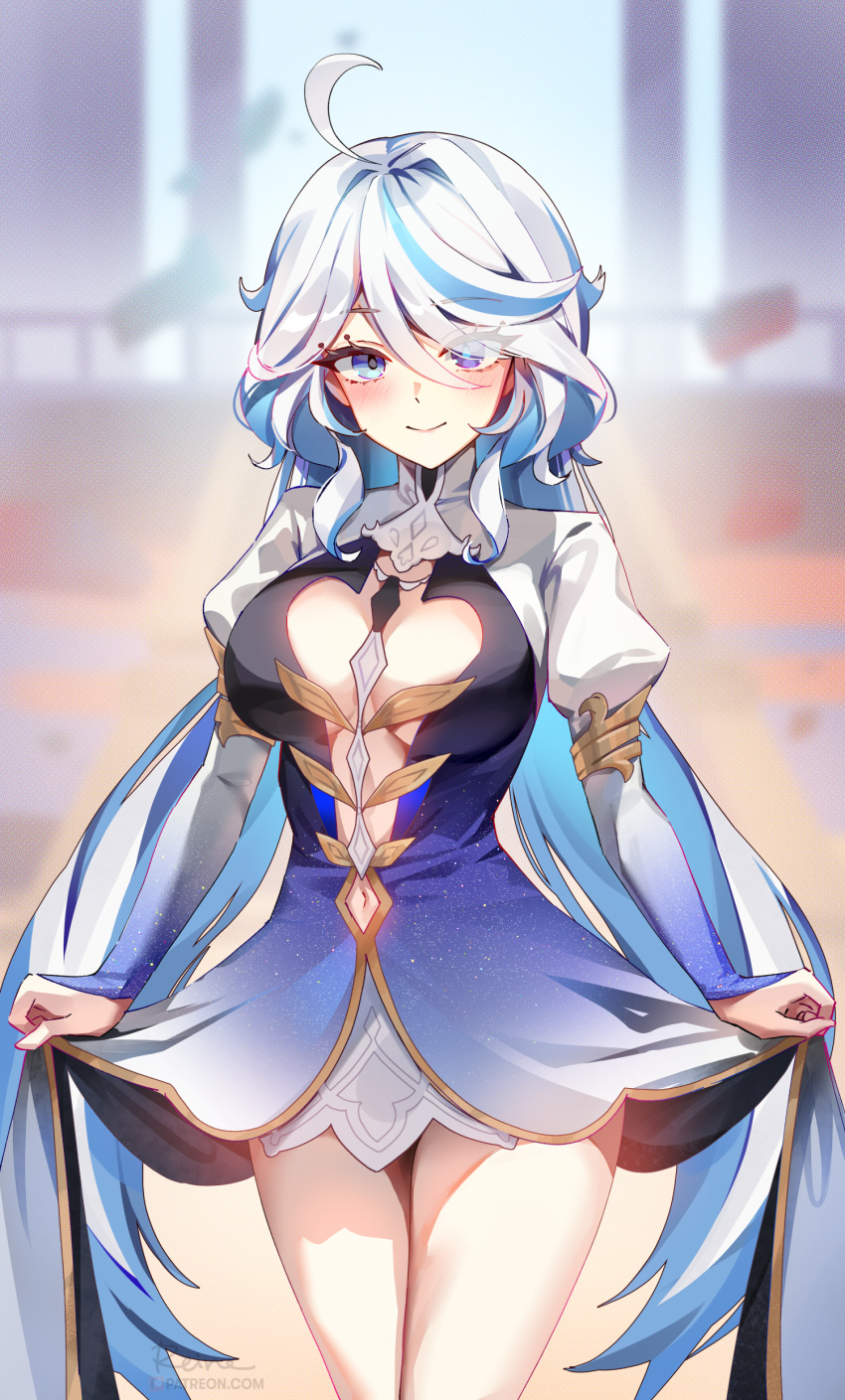 1girl absurdres ahoge alternate_breast_size armlet blue_dress blue_hair blue_pupils blurry blurry_background breasts cleavage closed_mouth commentary cowboy_shot curtsey dress focalors_(genshin_impact) foxyreine genshin_impact gradient_dress grey_hair hair_between_eyes hair_intakes highres juliet_sleeves light_smile long_hair long_sleeves looking_at_viewer medium_breasts multicolored_hair puffy_sleeves smile solo thighs two-tone_hair very_long_hair