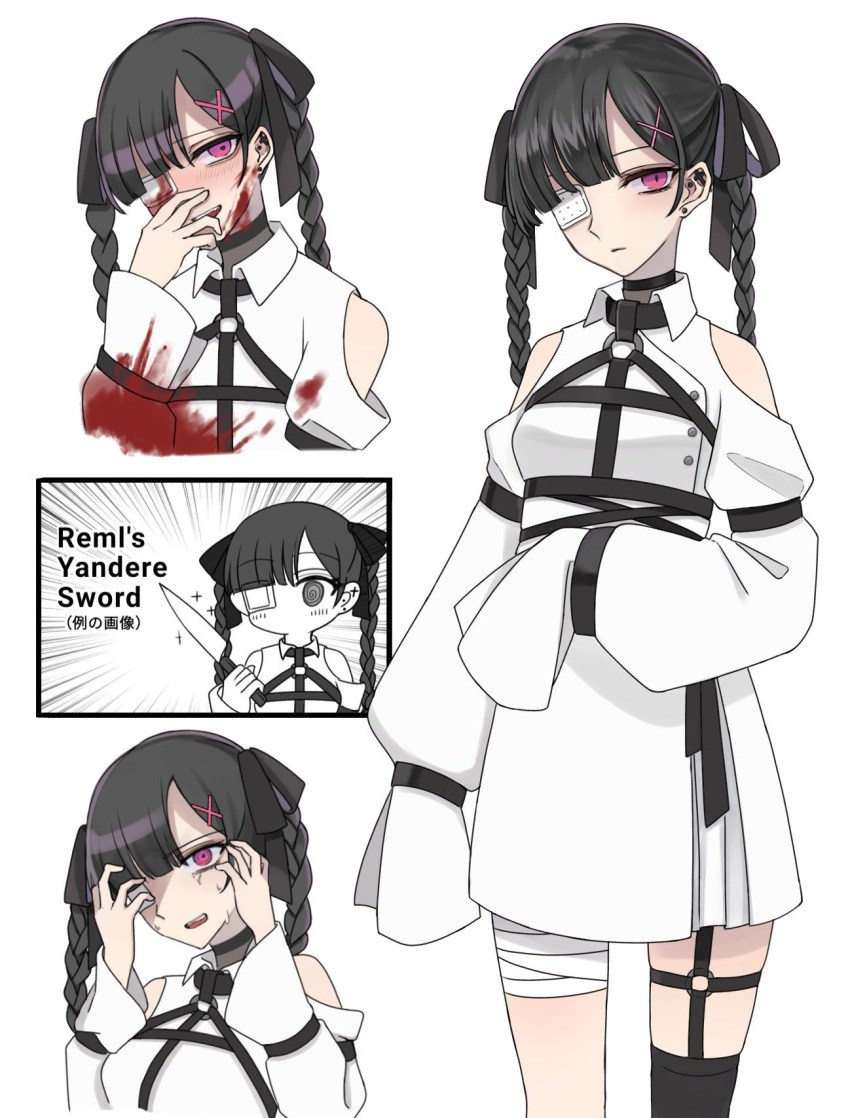 bandaged_leg bandages belt black_belt black_ribbon black_thighhighs blood blood_on_clothes blood_on_face blunt_bangs braid chest_harness closed_mouth clothing_cutout collared_dress commentary_request cyril_m45 denonbu dress earrings eyepatch hair_ornament hair_ribbon hand_on_own_face hands_on_own_face harness highres holding holding_knife jewelry knife medical_eyepatch multiple_views o-ring o-ring_thigh_strap original reference_sheet reml ribbon shoulder_cutout sleeves_past_fingers sleeves_past_wrists sparkle straitjacket sweatdrop thigh_strap thighhighs twin_braids white_dress x_hair_ornament yandere