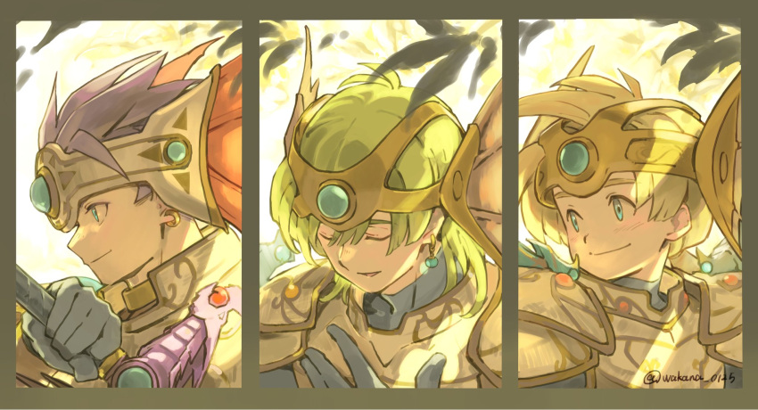 3boys armor blonde_hair blue_bodysuit blue_eyes blue_gemstone blue_gloves blue_hair bodysuit child circlet closed_eyes closed_mouth commentary_request dappled_sunlight dragon_quest dragon_quest_iv dragon_quest_v dragon_quest_vi earrings from_side gem gloves green_hair headpiece hero's_son_(dq5) hero_(dq4) hero_(dq6) highres holding holding_sword holding_weapon jewelry light_blush looking_to_the_side low_ponytail male_focus multiple_boys outdoors parted_lips profile shoulder_armor smile spiked_hair sunlight sword turtleneck twitter_username upper_body wakana_0125 weapon