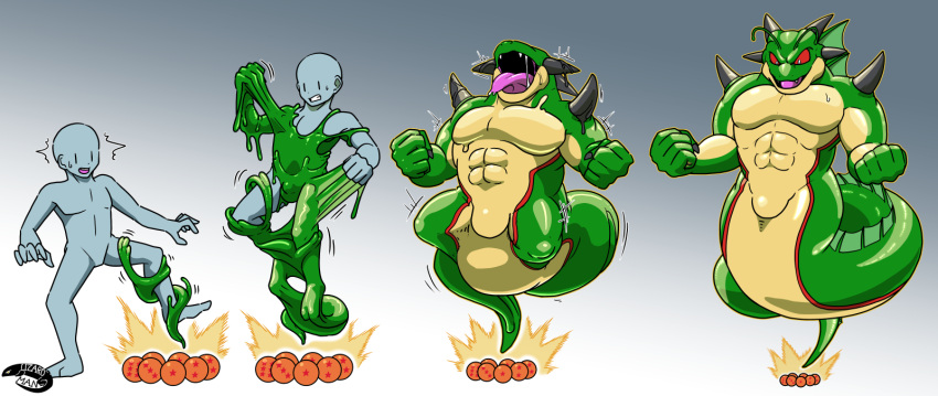 2023 digital_media_(artwork) dragon_ball dragon_ball_(object) goo_transformation green_body hi_res horn human lizardman_(artist) male mammal muscular muscular_male open_mouth porunga red_sclera simple_background solo teeth tongue tongue_out transformation yellow_body