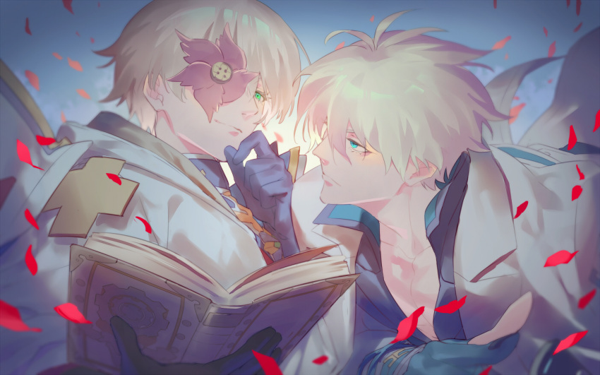 2boys aqua_eyes asuka_r._kreutz black_gloves blonde_hair blue_eyes blue_gloves book closed_mouth gloves green_eyes grimoire guilty_gear guilty_gear_strive hair_between_eyes jacket jacket_on_shoulders ky_kiske long_sleeves looking_at_another looking_at_viewer male_focus multiple_boys pectoral_cleavage pectorals short_hair smile talgi upper_body white_hair white_jacket