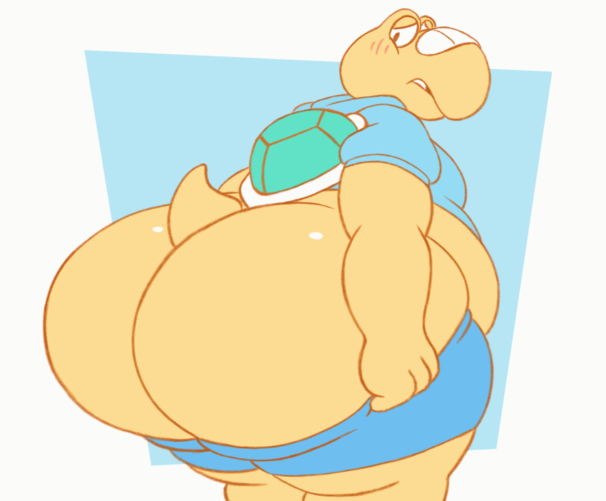 2022 animated anthro bandage belly big_belly big_butt blue_bottomwear blue_clothing blue_hoodie blue_shorts blue_topwear blush blush_lines bottomwear butt clothed clothing digital_drawing_(artwork) digital_media_(artwork) exposed_belly green_shell hi_res hoodie koopa koopa_troopa koops looking_back male mario_bros nintendo overweight overweight_anthro overweight_male paper_mario partially_clothed pulling_pants_up scalie shell short_playtime short_tail shorts simple_background small_clothing solo struggling_to_fit tail thick_thighs topwear vetoknox yellow_body