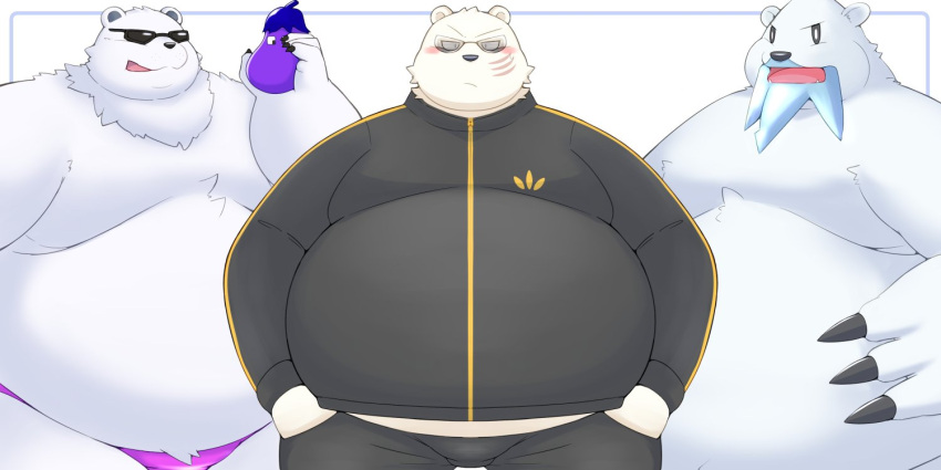 2023 anthro bear beartic bottomwear clothing eggplant eyewear food fruit generation_5_pokemon group ice_climber kemono male mammal marumu_5656 moobs nintendo obese obese_male odd_taxi overweight overweight_male pants plant pokemon pokemon_(species) polar_bear polar_bear_(ice_climber) sekiguchi_(odd_taxi) sunglasses underwear ursine white_body