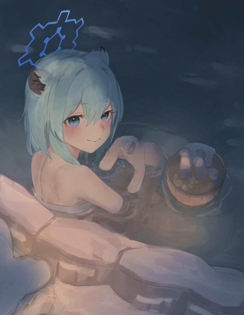 1girl absurdres animal_ears aqua_hair blue_archive blue_eyes blush choko_(cup) closed_mouth commentary_request cup from_behind gradient_eyes guimon hair_between_eyes halo highres looking_at_viewer medium_hair multicolored_eyes naked_towel onsen purple_eyes shigure_(blue_archive) smile solo tokkuri towel weasel_ears weasel_girl wet