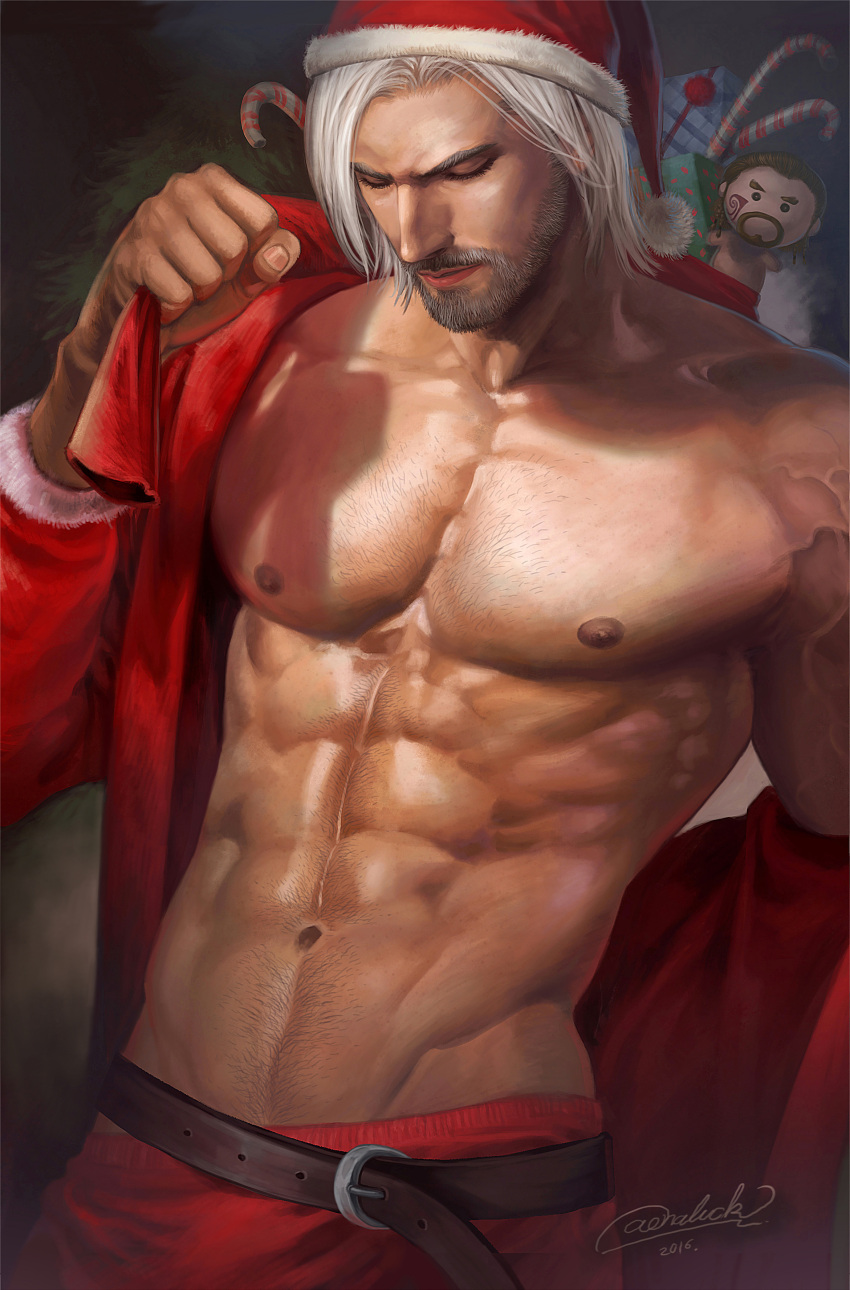1boy abs absurdres aenaluck artist_name bara bare_pectorals beard belt box brown_belt candy candy_cane character_doll chest_hair doll facial_hair food gift gift_box grey_hair highres holding holding_sack large_pectorals male_focus master_(aenaluck) muscular muscular_male navel nipples open_clothes open_shirt original pants pectorals red_pants red_shirt sack santa_costume shirt short_hair solo stuffed_toy