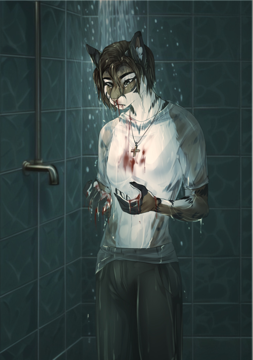 2023 anthro blood bodily_fluids brown_hair clothed clothing digital_media_(artwork) eyebrows eyelashes hair hi_res kristiana_puff male shower solo standing