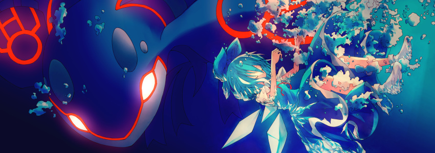 1girl absurdres air_bubble blue_bow blue_dress blue_hair bow bubble cirno closed_eyes crossover dress highres ice ice_wings jun700 kyogre pokemon pokemon_(creature) red_ribbon ribbon shirt short_hair short_sleeves socks touhou underwater white_shirt white_socks wings