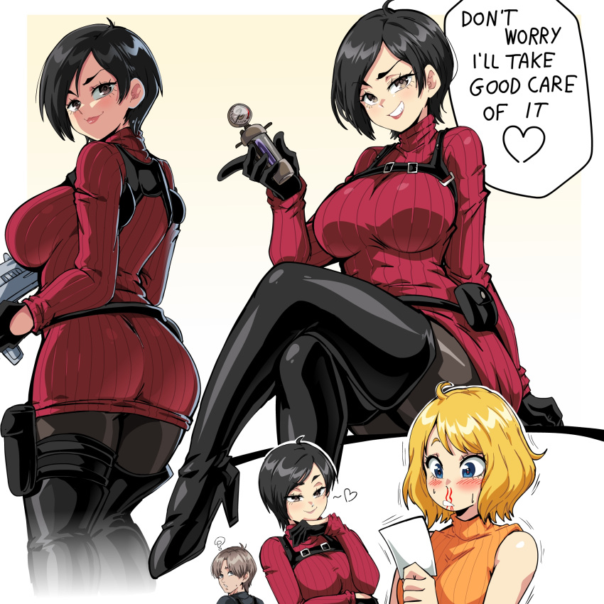 1boy 2girls ? ada_wong ashley_graham ass black_gloves black_hair black_thighhighs blonde_hair blood blue_eyes blush boots breasts brown_hair dress english_text gloves grin gun heart high_heel_boots high_heels highres holding holding_gun holding_weapon large_breasts leon_s._kennedy lewdamone lips multiple_girls multiple_views nosebleed orange_shirt pantyhose resident_evil resident_evil_4 resident_evil_4_(remake) shirt short_hair sleeveless sleeveless_turtleneck smile smug speech_bubble sweater sweater_dress thigh_boots thigh_pouch thighhighs thighhighs_over_pantyhose turtleneck weapon