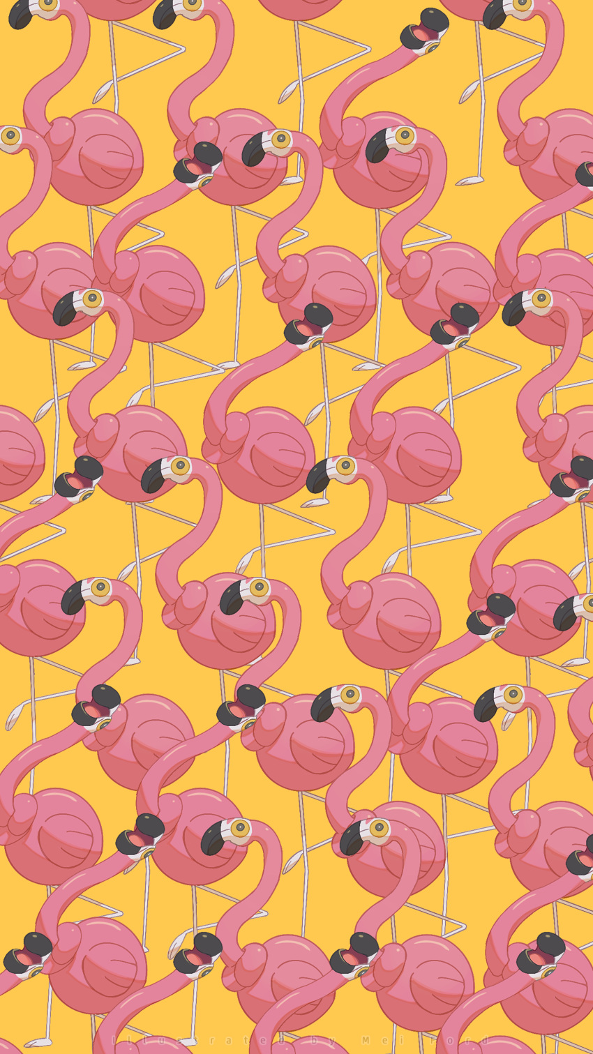 absurdres animal_focus bird bright_pupils closed_mouth commentary_request flamigo flamingo from_side grey_eyes highres leg_up looking_up mei_ford no_humans open_mouth pokemon pokemon_(creature) standing standing_on_one_leg white_pupils yellow_background