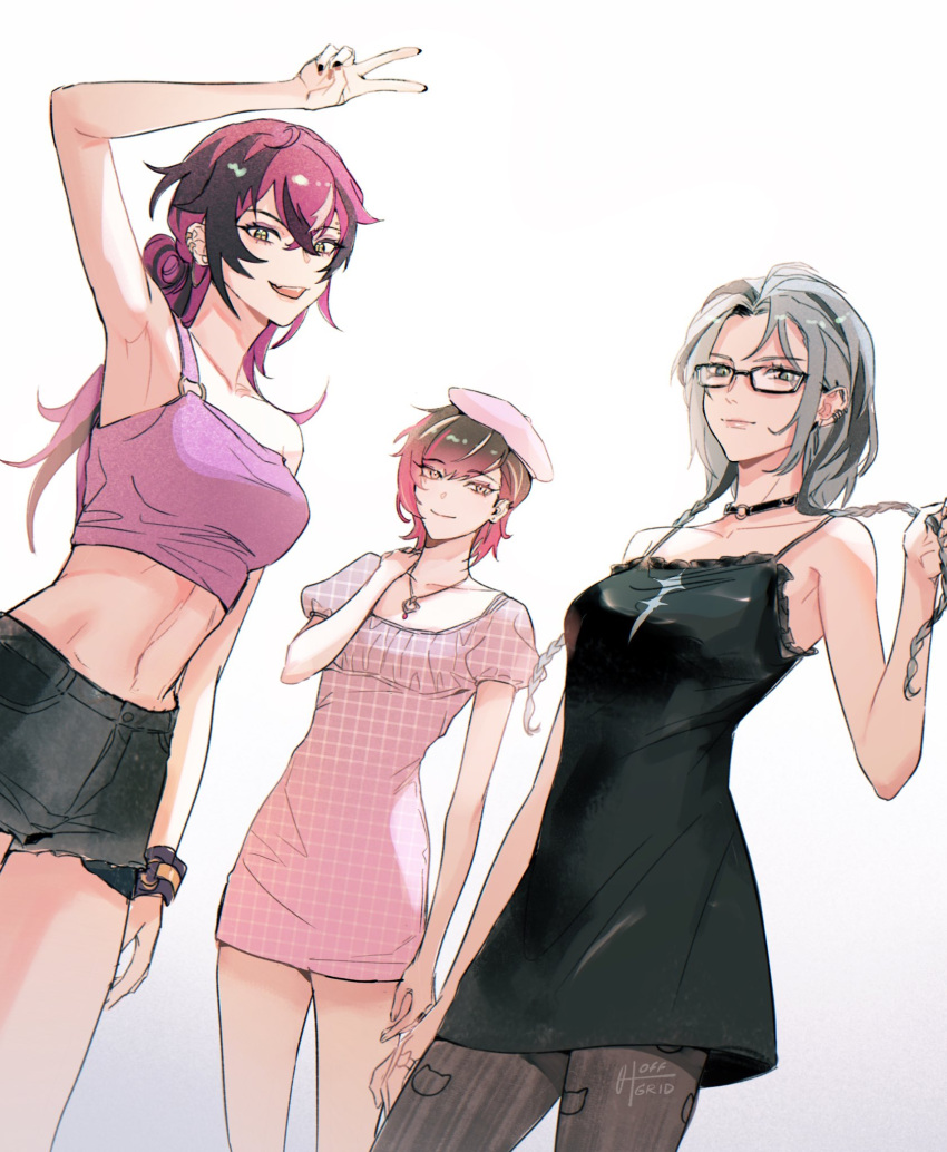 3girls black-framed_eyewear black_dress black_hair black_nails black_shorts blue_hair braid crop_top doppio_dropscythe dress genderswap genderswap_(mtf) glasses hex_haywire highres jewelry k_i_(off_grid04) long_hair multicolored_hair multiple_girls necklace nijisanji nijisanji_en pink_dress pink_hair puffy_short_sleeves puffy_sleeves purple_hair short_hair short_sleeves shorts simple_background single_strap streaked_hair twin_braids ver_vermillion virtual_youtuber white_background yellow_eyes