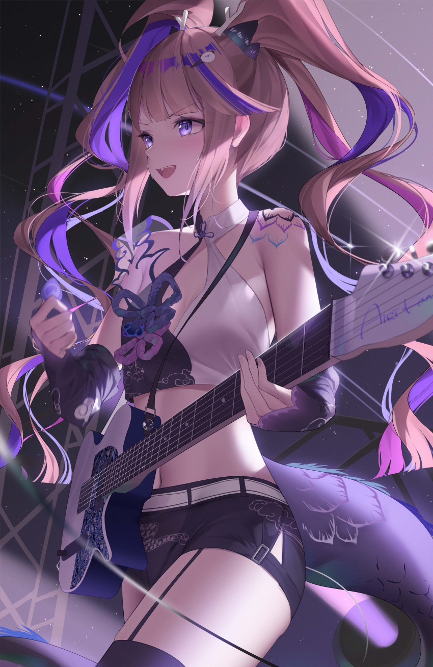 1girl absurdres airi_kanna belt bikini bikini_top_only black_bikini black_shorts black_thighhighs blue_eyes blue_hair breasts brown_hair cleavage colored_inner_hair detached_sleeves dodari dragon_girl dragon_horns dragon_tail electric_guitar garter_straps guitar hair_ornament hairclip halterneck highres horns instrument long_hair midriff multicolored_hair music navel open_mouth playing_instrument plectrum quad_tails short_shorts shorts shoulder_tattoo small_breasts smile solo star_(sky) stellive streaked_hair swimsuit tail tattoo thighhighs very_long_hair virtual_youtuber white_belt white_bikini