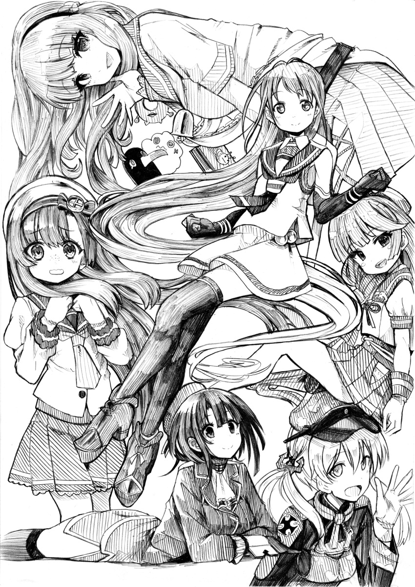 6+girls anchor_hair_ornament bell breasts de_ruyter_(kancolle) elbow_gloves enemy_lifebuoy_(kancolle) failure_penguin freckles gloves greyscale hair_ornament hairband hat highres jacket kantai_collection long_hair long_sleeves lying matsuwa_(kancolle) medium_breasts mikura_(kancolle) miss_cloud monochrome multiple_girls neck_bell neckerchief on_stomach open_mouth peaked_cap pleated_skirt prinz_eugen_(kancolle) sailor_collar samidare_(kancolle) school_uniform serafuku simple_background skirt smile takao_(kancolle) tsuji_kazuho twintails very_long_hair